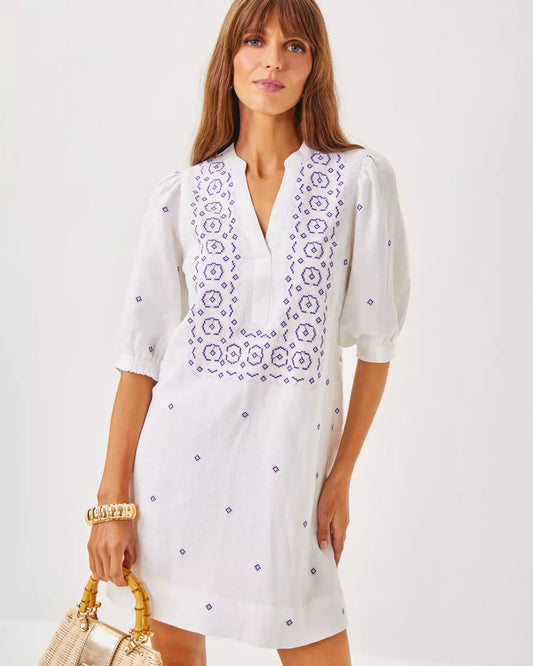 MIALEIGH ELBOW SLEEVE LINEN DRESS