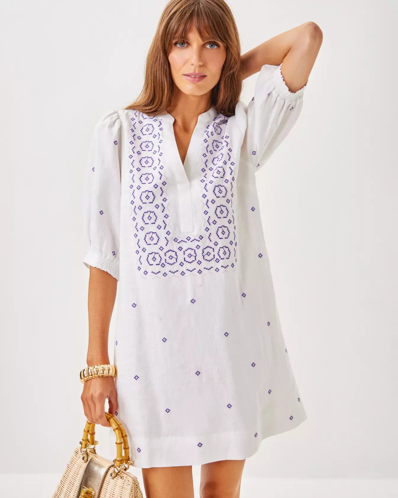 MIALEIGH ELBOW SLEEVE LINEN DRESS.